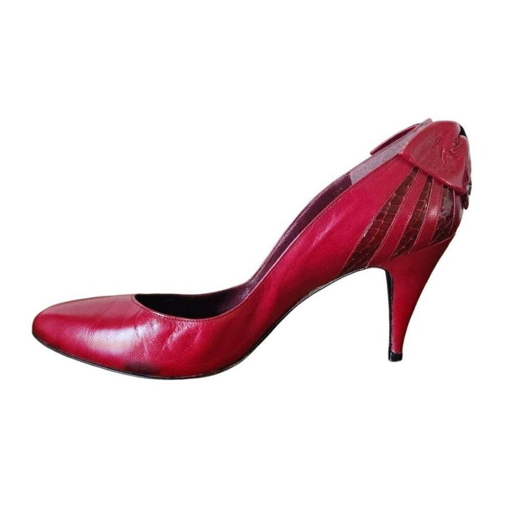 Stuart Weitzman for Mr.Seymour burgundy red retro 90s bow croc high heels 8.5